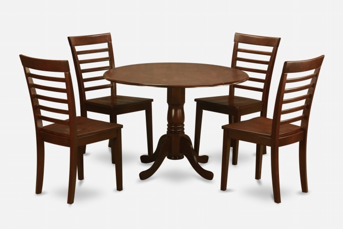 Picture of East West Furniture DLML5-MAH-W 5PC Kitchen Round Table with 2 Drop Leaves and 4 Ladder-back Chairs with Wood Seat