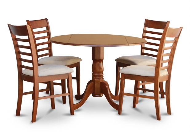 East West Furniture DLML5-SBR-C 5PC Kitchen Round Table with 2 Drop Leaves and 4 Ladder-back Chairs with Microfiber Upho