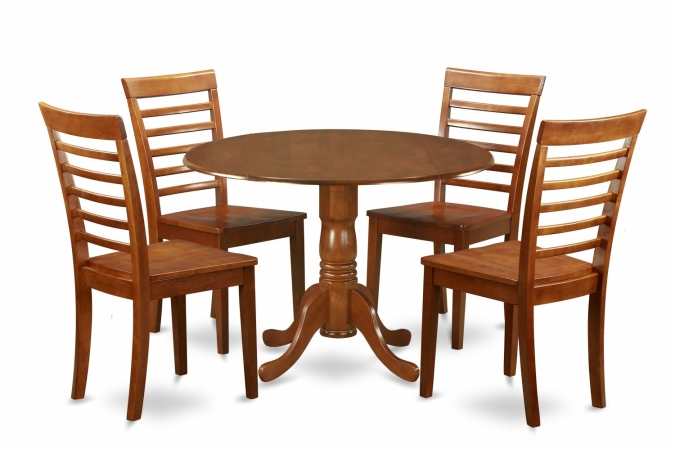 East West Furniture DLML5-SBR-W 5PC Kitchen Round Table with 2 Drop Leaves and 4 Ladder-back Chairs with wood Seat