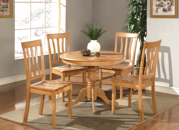 East West Furniture ANTI5-OAK-W 5 -Piece Antique Round Kitchen 36 in. Table and 4 Chairs with Wood seat