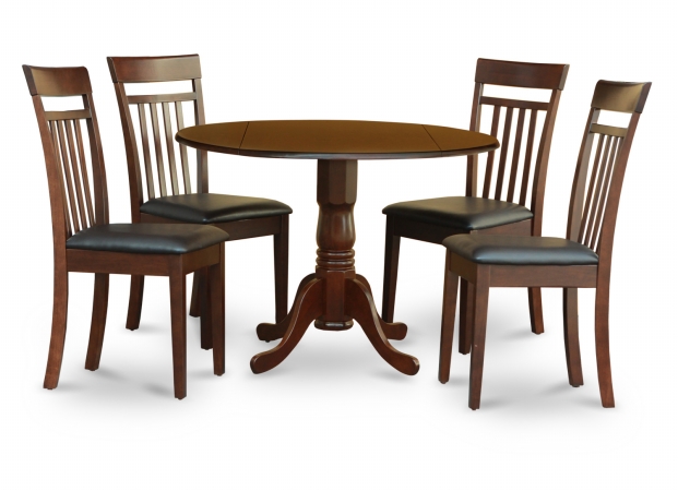 DLCA5-MAH-LC 5PC Kitchen Round Table with 2 Drop Leaves and 4 Slatted-back Chairs with Faux Leather Upholstered Seat