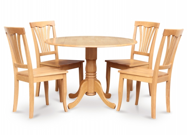 DLAV5-OAK-W 5PC Kitchen Round Table with 2 Drop Leaves and 4 Chairs with Wood Seat -  East West Furniture