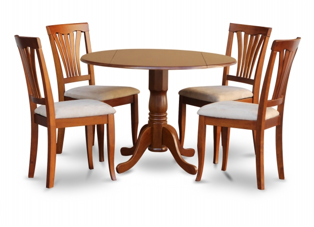 Picture of East West Furniture DLAV5-SBR-C 5PC Kitchen Round Table with 2-Drop Leaves and 4 Avon chairs with cushion Seat