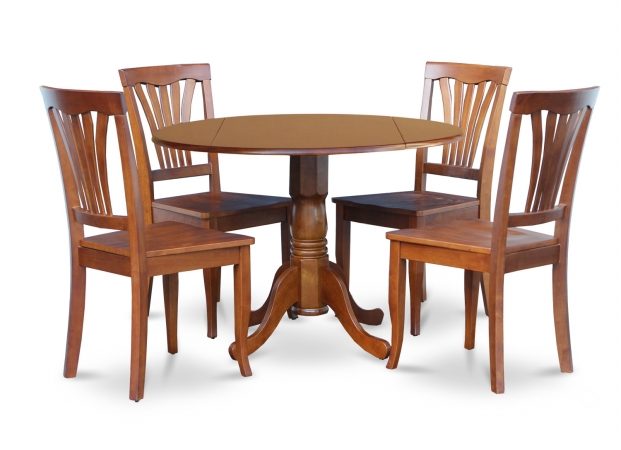 Picture of East West Furniture DLAV5-SBR-W 5PC Kitchen Round Table with 2-Drop Leaves and 4 Avon chairs with wood Seat