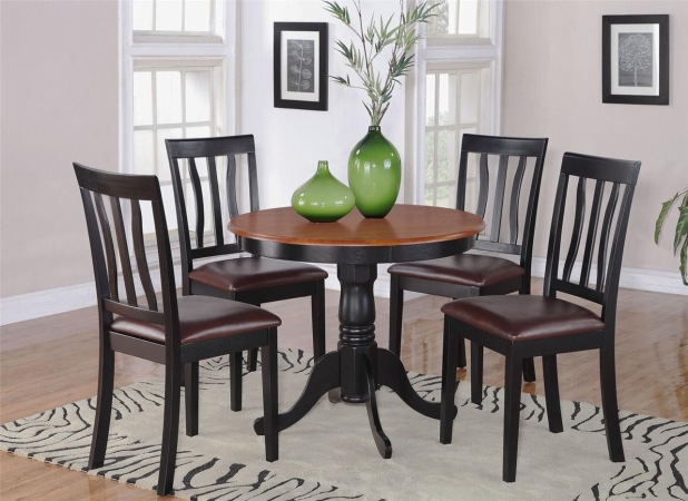 East West Furniture ANTI5-BLK-LC 5 -Piece Antique Round Kitchen 36 in. Table and 4 Chairs with Faux Leather seat