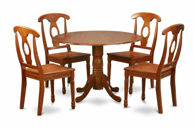 Picture of East West Furniture DLNA5-SBR-W 5PC Dinette Round Table with 2 Drop Leaves and 4 Chairs with Wood Seat