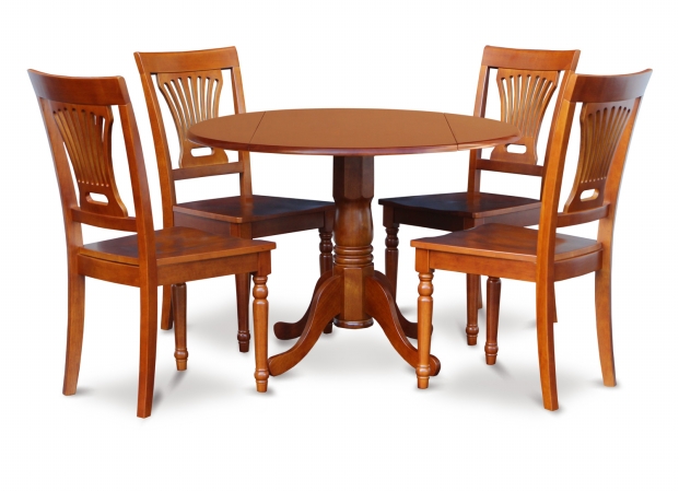 DLPL5-SBR-W 5PC Kitchen Round Table with 2 Drop Leaves and 4 Plainville chairs with wood Seat -  East West Furniture