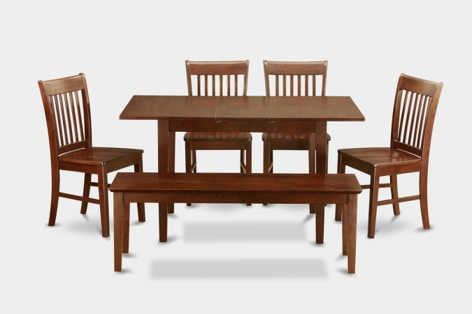 Norfolk 6PC Set with rectangular table featured 12 in Butterfly Leaf; 4 wood seat chairs and One 51-in Long Long Bench -  GSI Homestyles, HO640394