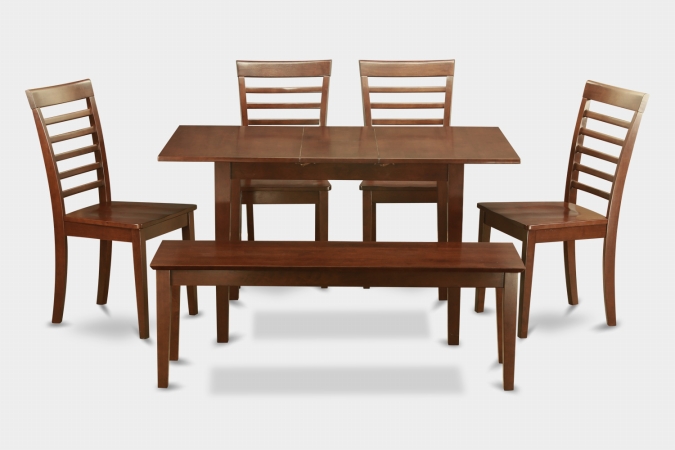 Norfolk 6PC Set with rectangular table with 12 in Butterfly Leaf and 4 wood seat Ladder back chairs plus one 51-in Long bench -  GSI Homestyles, HO293986