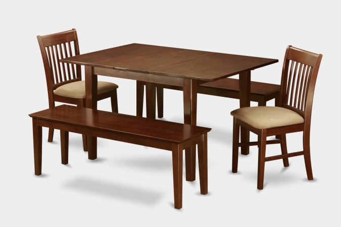 MLNO5C-MAH-C 5PC Set with Rectangular 36 x 54 Table with 12 in butterfly leaf and 2 Wood seat chairs and 2 51-in Long benches -  East West Furniture