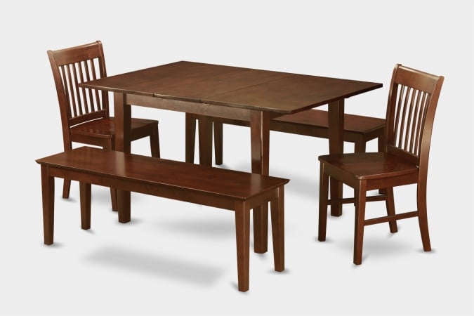 MLNO5C-MAH-W 5PC Set with Rectangular 36 x 54 Table with 12 in butterfly leaf and 2 Wood seat chairs and 2 51-in Long benches -  East West Furniture