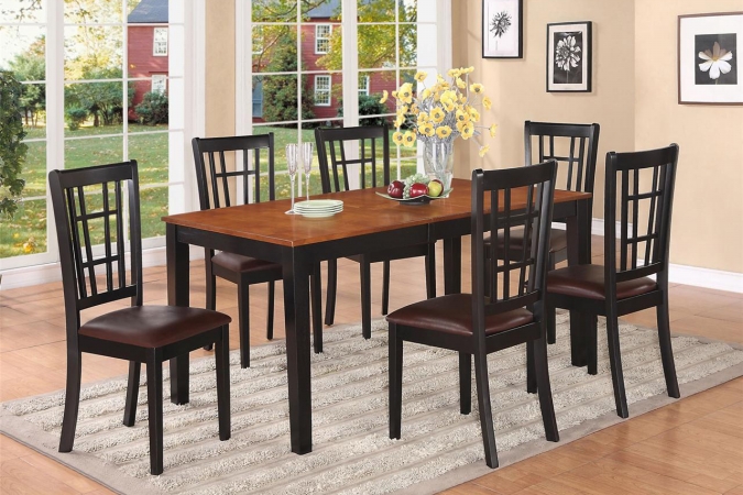 Nicoli 5PC Set with Rectangular Dining Table featured 12 in Butterfly Leaf and 4 Faux Leather Upholstered seat chairs.