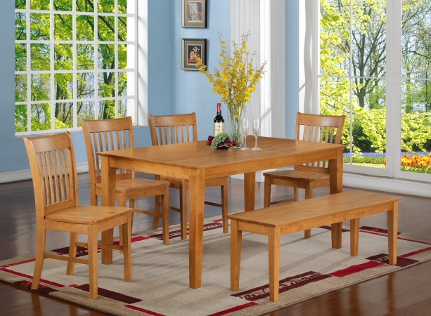 Picture of East West Furniture CANO6-OAK-W 6PC Set with Rectangular Table and 4 Wood Seat Slat Back Chairs and 51-in Long Bench