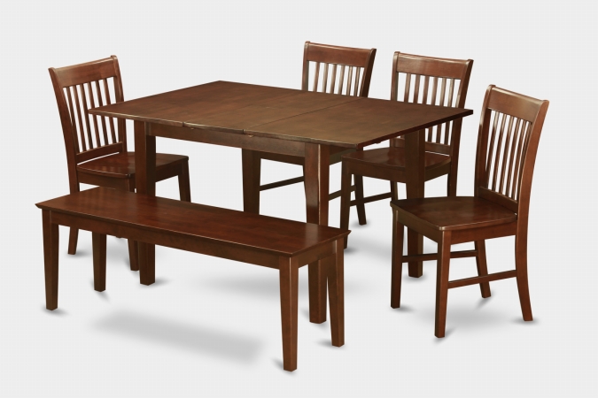 MLNO6C-MAH-W 6PC Set with Rectangular 36 x 54 Table with 12 in butterfly leaf and 4 Wood seat chairs and 51-in Long bench -  East West Furniture