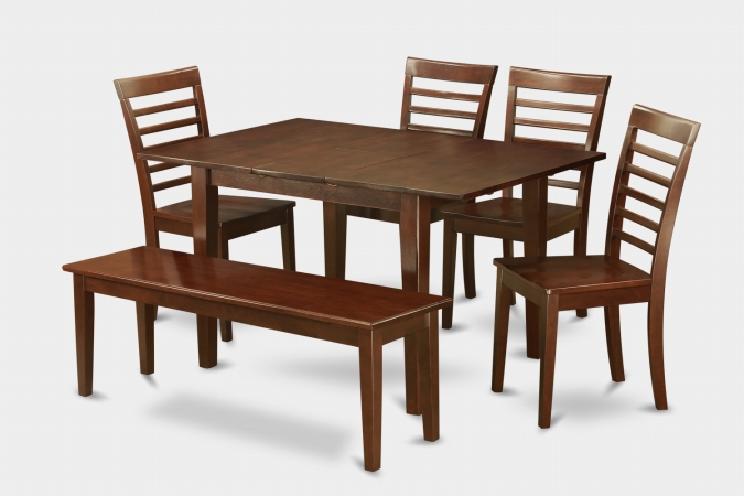 MILA6D-MAH-W Milan 6PC Set with Rectangular Table featured 12 in butterfly leaf and 4 Wood seat chairs and 52-in Long Bench -  East West Furniture