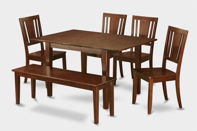 MLDU6D-MAH-W Milan 6PC Set with Rectangular Table featured 12 in butterfly leaf and 4 Dudley Wood seat chairs and 52-in Long Bench -  East West Furniture