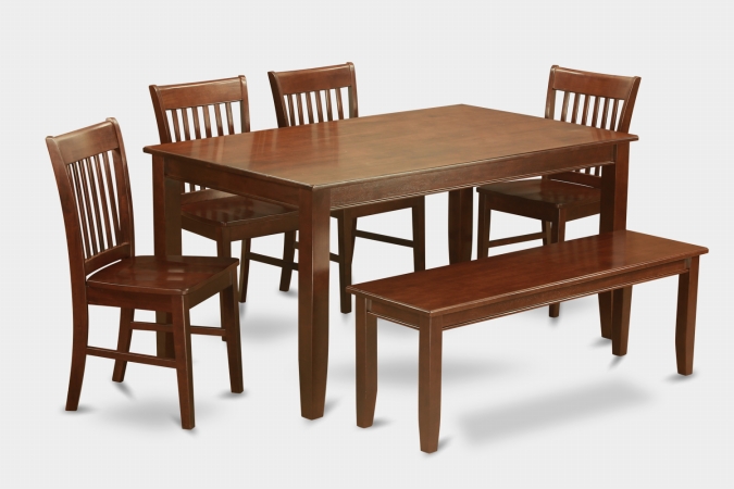 DUNO6D-MAH-W 6PC Set Rectangular Table and 4 Wood Seat Slat Back Chairs and 52-in Long Bench -  East West Furniture