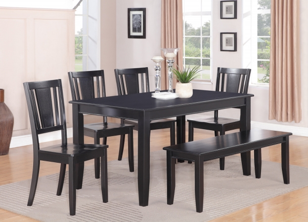6PC Dudley Table 36 in x 60in and 4 wood seat Chairs and 52-in Long Bench