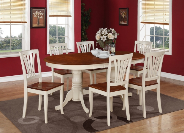 PLAV5-WHI-W 5-Piece Plainville Table with Double Pedestal & 4 Avon Wood Seat Chairs in Buttermilk and Cherry Finish Finish -  East West Furniture