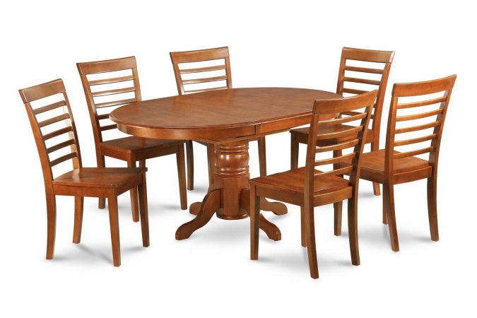 AVML7-SBR-W 7PC Oval Dining Set with Single Pedestal with 18 in. leaf and 6 Wood seat Ladder Back chairs -  East West Furniture