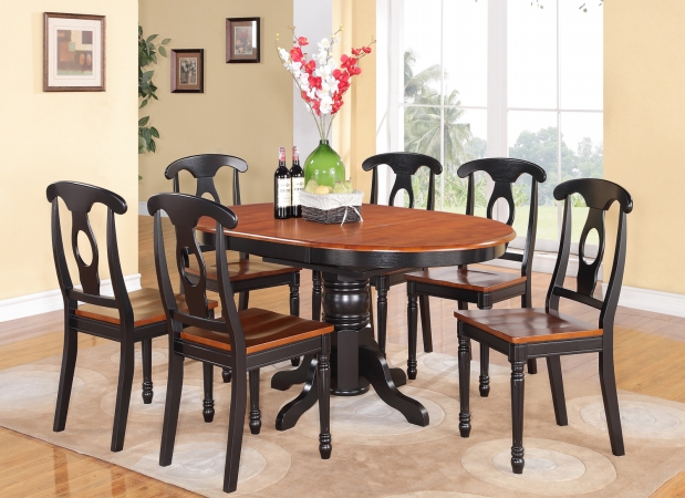 KENL7-BLK-W Kenley 7PC with Single Pedestal Oval Dining Table and 6 Napoleon styled wood seat chairs.