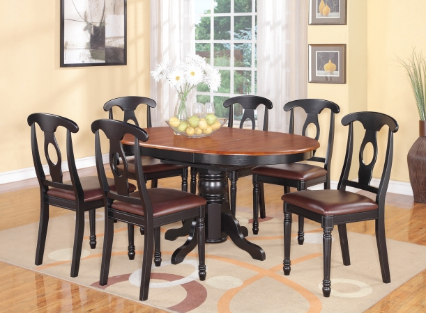 KENL7-BLK-LC Kenley 7PC with Single Pedestal Oval Dining Table and 6 Napoleon styled wood seat chairs.
