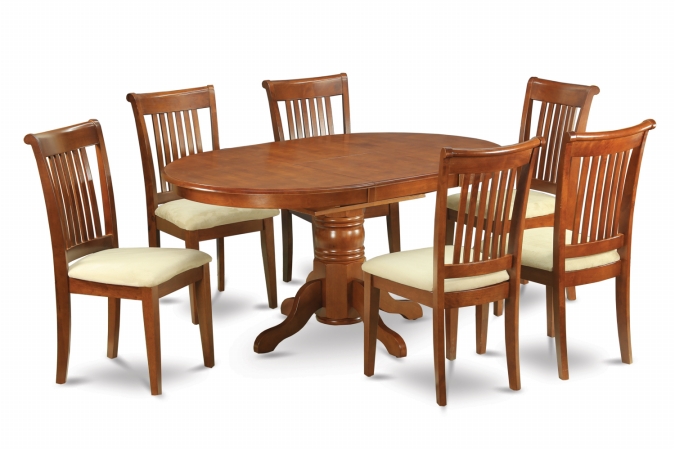 7PC Oval Dining Set with Single Pedestal with 18 in. leaf and 6 Cushioned seat chairs - Saddle Brown