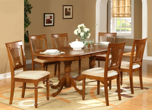 PLAI7-SBR-C 7-Piece Plainville Table with Double Pedestal & 6 Microfiber upholstered Seat Chairs in Saddle Brown Finish -  East West Furniture