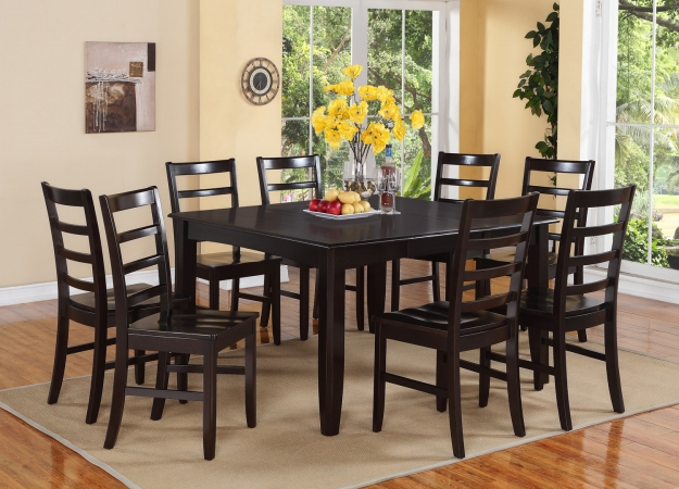 PARF9-CAP-W Parfait 9PC Set with Square 54 in. Gathering Table and 8 ladder back wood seat stools -  East West Furniture