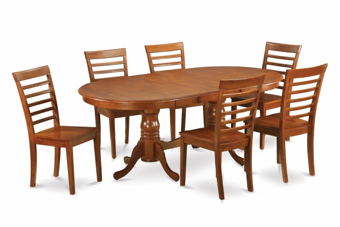 PLML9-SBR-W 9-Piece Plainville Table with Double Pedestal & 8 Piccasso Wood Seat Chairs in Saddle Brown Finish Finish -  East West Furniture