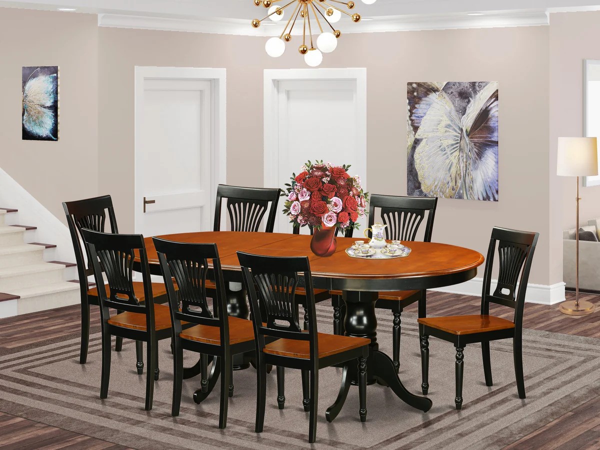 9-Piece Plainville Table with Double Pedestal & 8 Wood Seat Chairs in Black & Cherry Finish