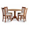 East West Furniture DLML5-SBR-C 5PC Kitchen Round Table with 2 Drop Leaves and 4 Ladder-back Chairs with Microfiber Upho East West Furniture DLML5-SBR-C 5PC Kitchen Round Table with 2 Drop Leaves and 4 Ladder-back Chairs with Microfiber Upho