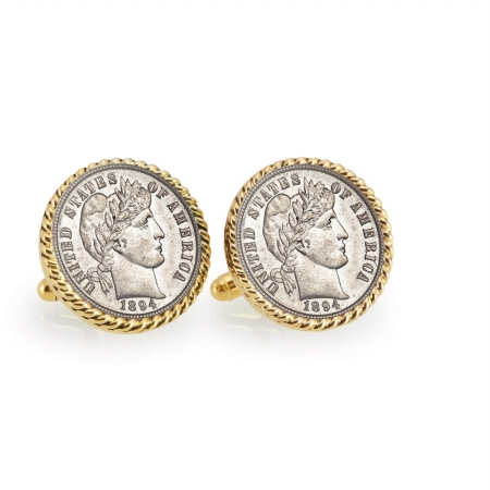 1800s Silver Barber Dime Goldtone Rope Bezel Cuff Links