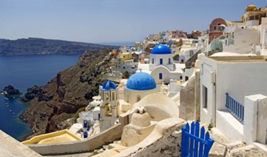 Picture of Panoramic Images PPI111238L High angle view of a church  Oia  Santorini  Cyclades Islands  Greece Poster Print by Panoramic Images - 36 x 12