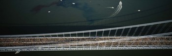 PPI95613L Aerial view of a crowd running on a bridge  New York City Marathon  New York City  New York  USA Poster Print by  - 36 x 12 -  Panoramic Images