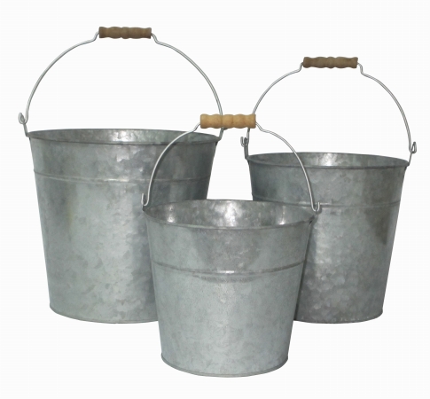 Picture of Cheung&apos;s FP-3743-3 Set of 3 Galvanized Metal Bucket with Natural Wood Grip Handle