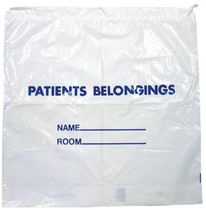 Picture of DUKAL Corporation PB01 Patient Belonging Bag- white with blue print- plastic handle- 20 in. x 18.5 in. - Plus 3.5 in.- 1.3 mil.