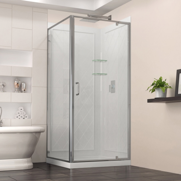 DL-6716-01CL  Flex 32-in. W x 32-in. D x 76-3/4-in. H Frameless Shower Enclosure- Backwall and Base Kit- Chrome Finish Hardware