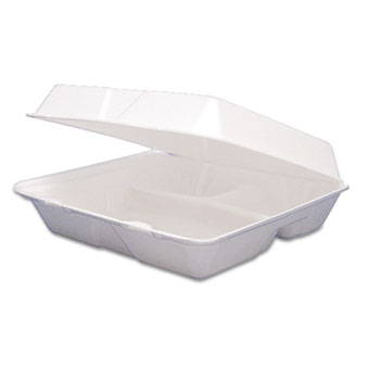Picture of Drc 85HT3R Foam Container- Hinged Lid- 3-Comp- 8 3/8 x 7 7/8 x 3 1/4- 200/Carton