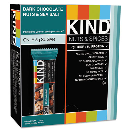 Picture of Kind Llc 17851 Nuts and Spices Bar&#44; Dark Chocolate/Nuts/Sea Salt&#44; 1.4 oz&#44; 12/Box