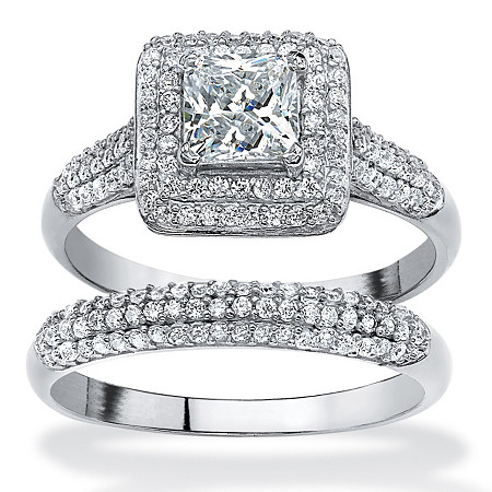 Platinum-plated Sterling Silver Princess Cut Cubic Zirconia Halo Bridal Ring Set Sizes 5-10 Size 10
