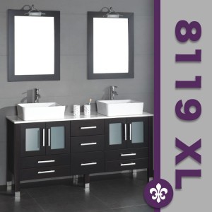 Picture of   71 inch solid wood bathroom vanity is competed with a white porcelain counter top and two matching white vessel sinks. Two faucets- two mirrors- and brushed nickel faucets are also included.
