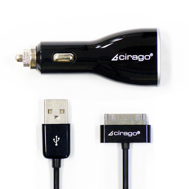 CIRAGO IPA3510 Cable-Dual USB Car Charger-with Sync Cable-Black Dual USB charging ports - 2.1A and 1.0A