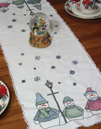 Fairway 27004 Stamped Lace Edge Table Runner 15''X42''-Snowman