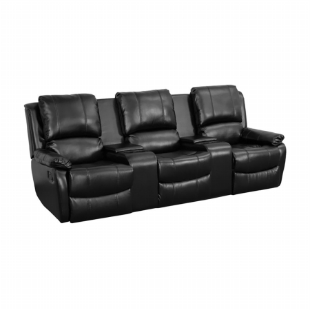 Picture of Black Leather Pillowtop 3-Seat Home Theater Recliner with Storage Consoles [BT-70295-3-BK-GG]