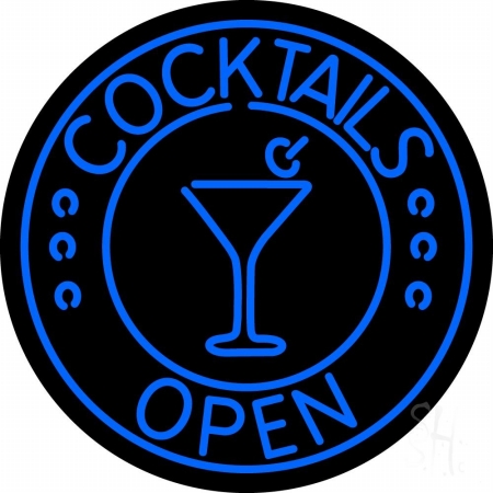 Blue Cocktails Open Clear Backing Neon Sign 26'' Tall x 26'' Wide