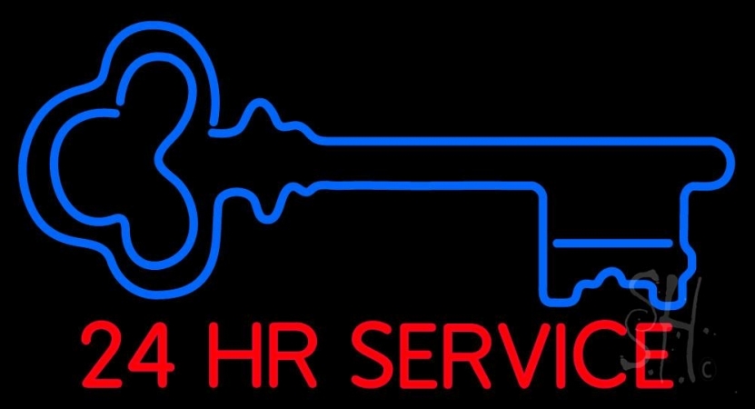 Key Logo 24hr Service Clear Backing Neon Sign 20'' Tall x 37'' Wide