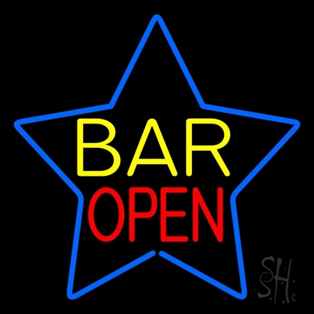 Yellow Bar Open Inside Blue Star Clear Backing Neon Sign 24'' Tall x 24'' Wide