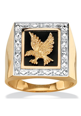 Picture of PalmBeach Jewelry 483738 Men&apos;s Onyx and Diamond Accented Eagle Ring in 18k Gold over Sterling Silver Size 8