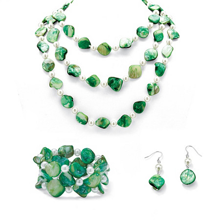 Picture of PalmBeach Jewelry 48728 3 Piece Green Shell and Pearl Necklace&#44; Bracelet and Earrings Set in Silvertone